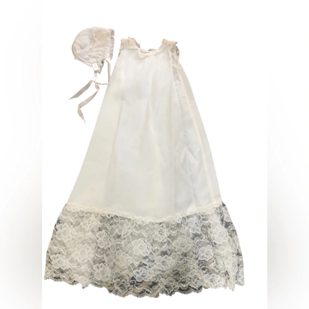 VTG Infant Christening Baptism 4 PC Dress Cape Cardigan Bonnet Ivory W/Lace OS